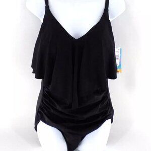 Swim Solutions One-Piece Swimsuit Size 12 Black Ruffle Tummy-Control